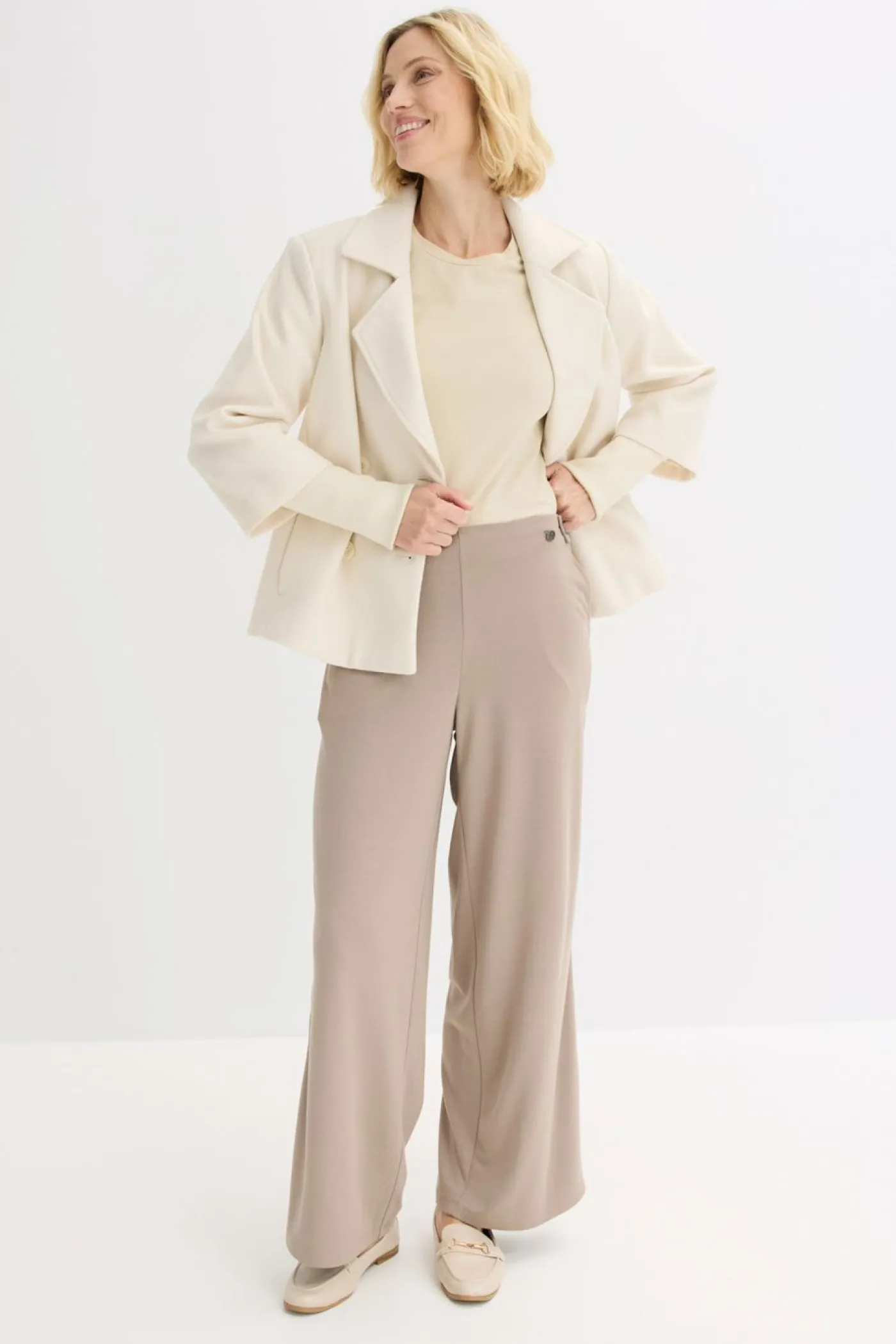 bonprix bonprix Pantalones>Pantalón Marlene de Punto di Roma con cinta de satén Marrón grisáceo