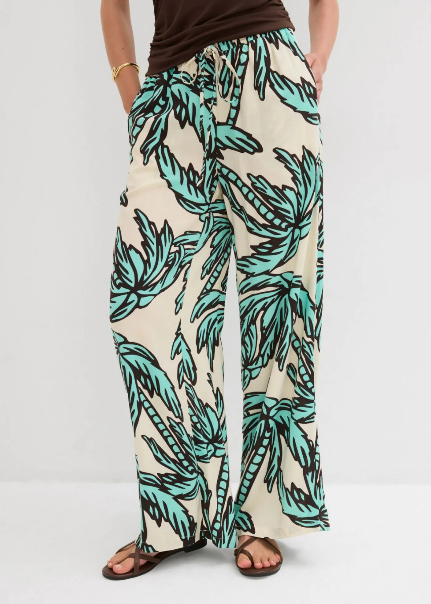 bonprix bonprix Pantalones>Pantalón Marlene de viscosa fluida azul mentol-crudo-marrón oscuro