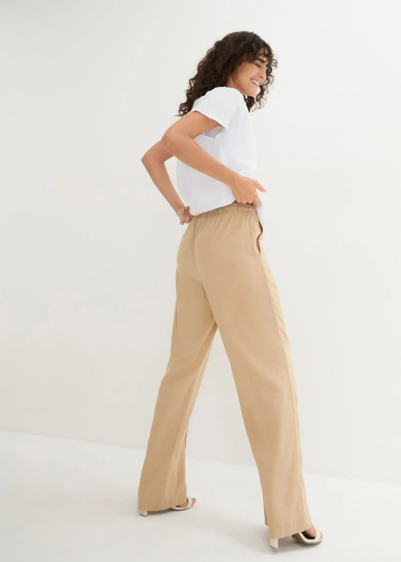 bonprix bonprix Esenciales|Pantalones>Pantalón palazzo de mezcla ligera de viscosa y lino Café con leche