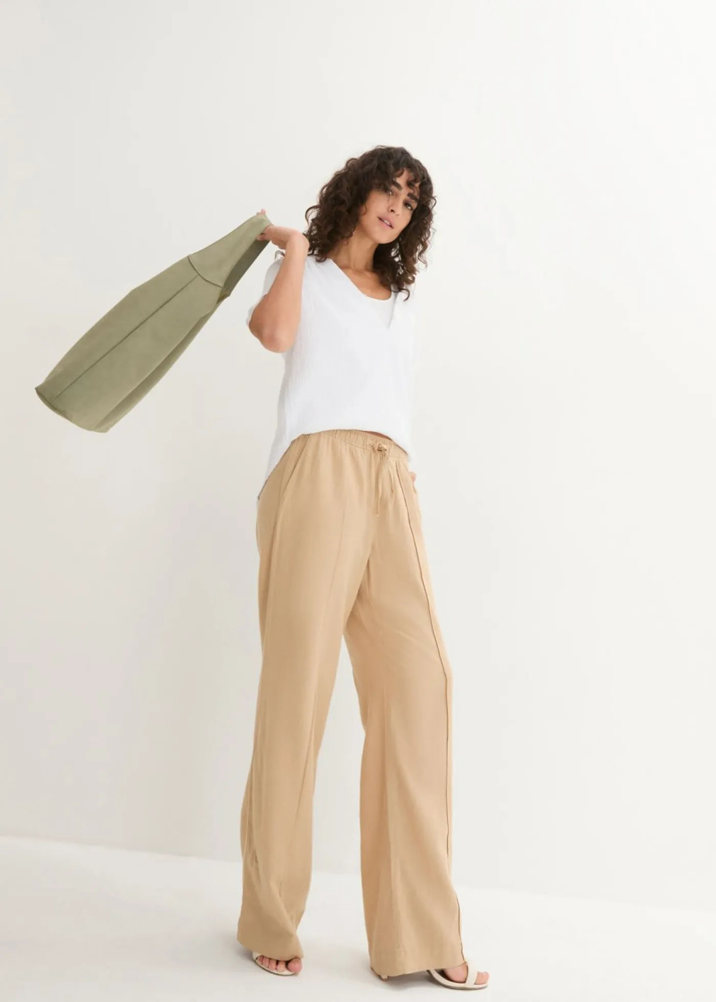 bonprix bonprix Esenciales|Pantalones>Pantalón palazzo de mezcla ligera de viscosa y lino Café con leche