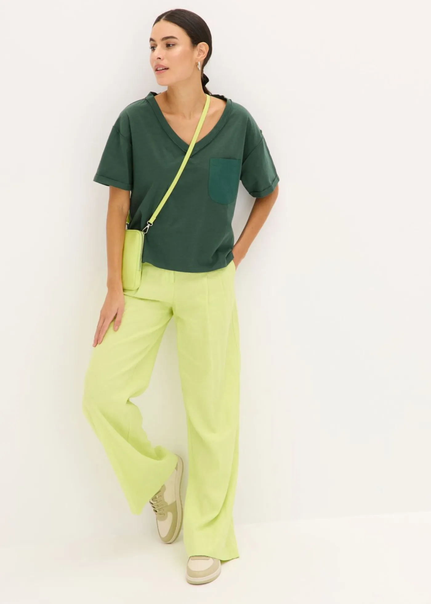 bonprix bonprix Pantalones|Novedades>Pantalón palazzo de mezcla de lino ligero Verde menta