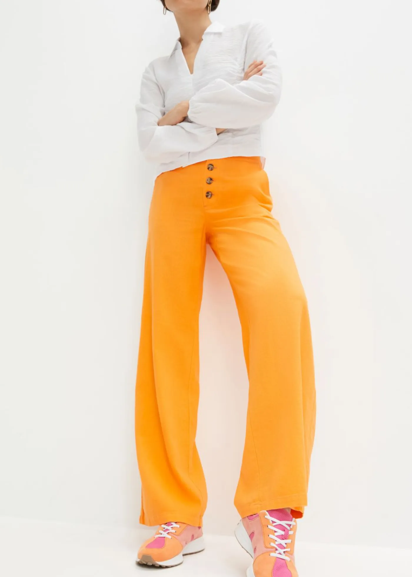 bonprix bonprix Pantalones|Novedades>Pantalón palazzo largo con lino Naranja claro