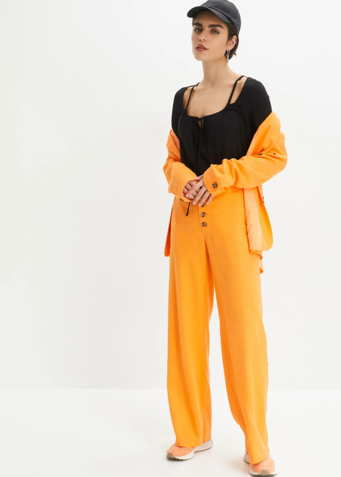 bonprix bonprix Pantalones|Novedades>Pantalón palazzo largo con lino Naranja claro