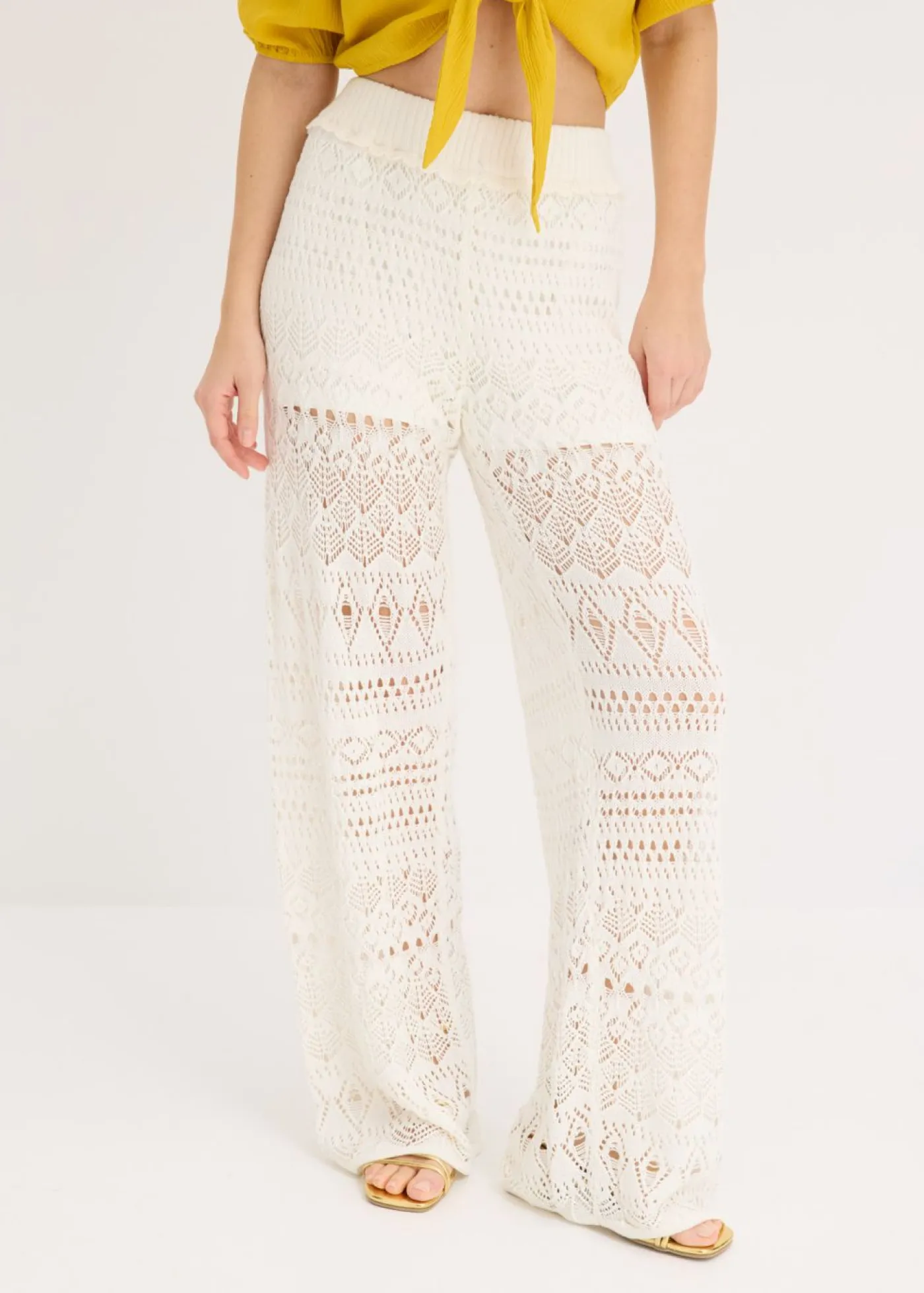 bonprix bonprix Pantalones>Pantalón sin cierre con patrón de punto calado Blanco lana