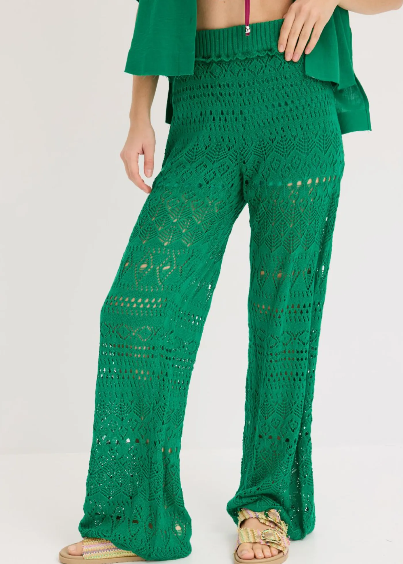 bonprix bonprix Pantalones>Pantalón sin cierre con patrón de punto calado verde gema