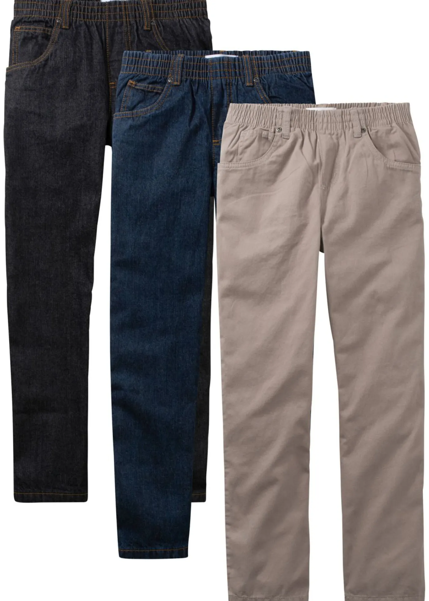 bonprix bonprix Ropa 9 A 16 Años·Pantalones|Ropa 9 A 16 Años·Packs De Ropa>Pantalón sin cierre de algodón puro regular fit, straight (3 unidades) Denim negro + denim azul marino + marrón grisáceo