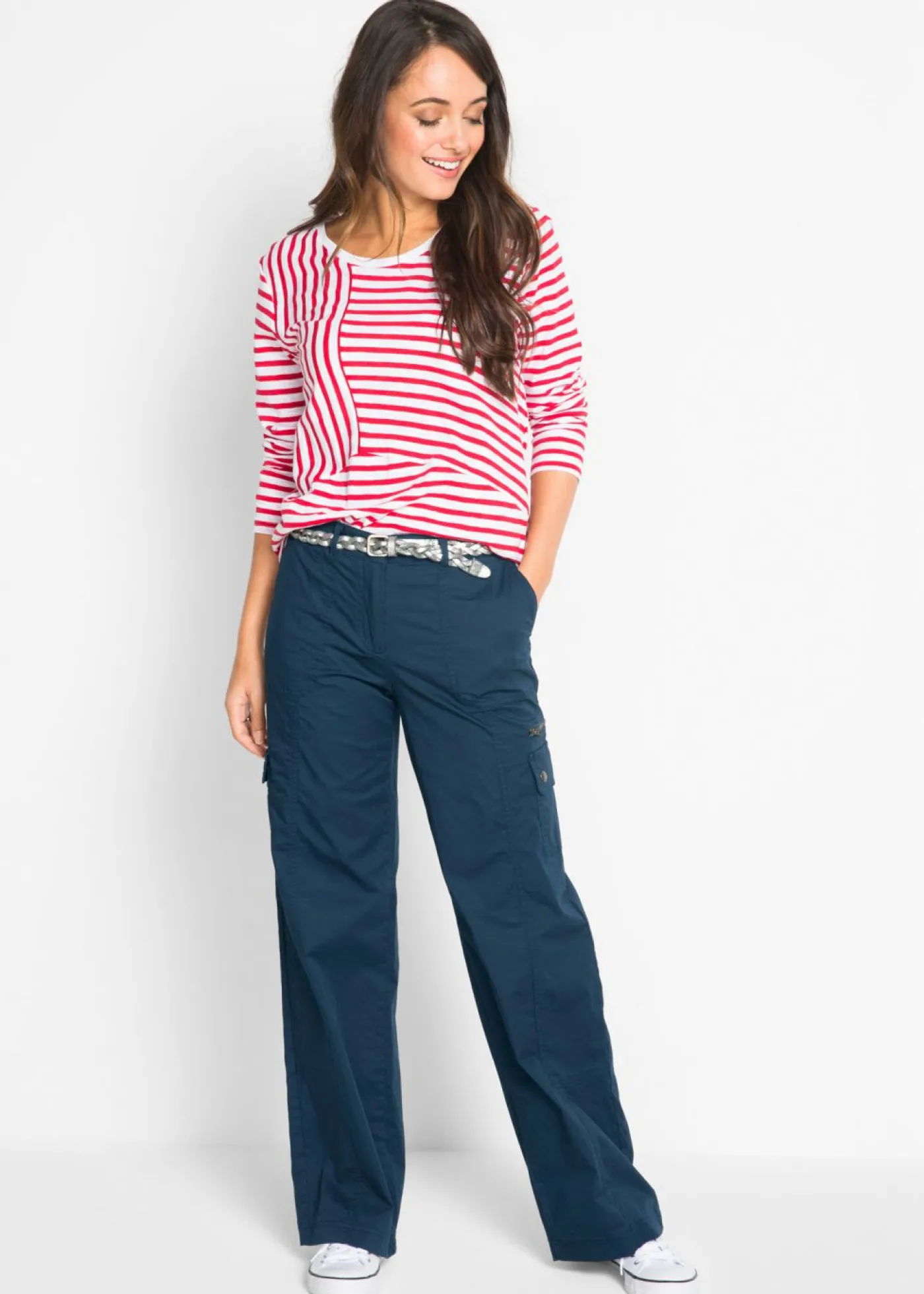 bonprix bonprix Pantalones>Pantalón tipo cargo de algodón, mid waist Azul marino