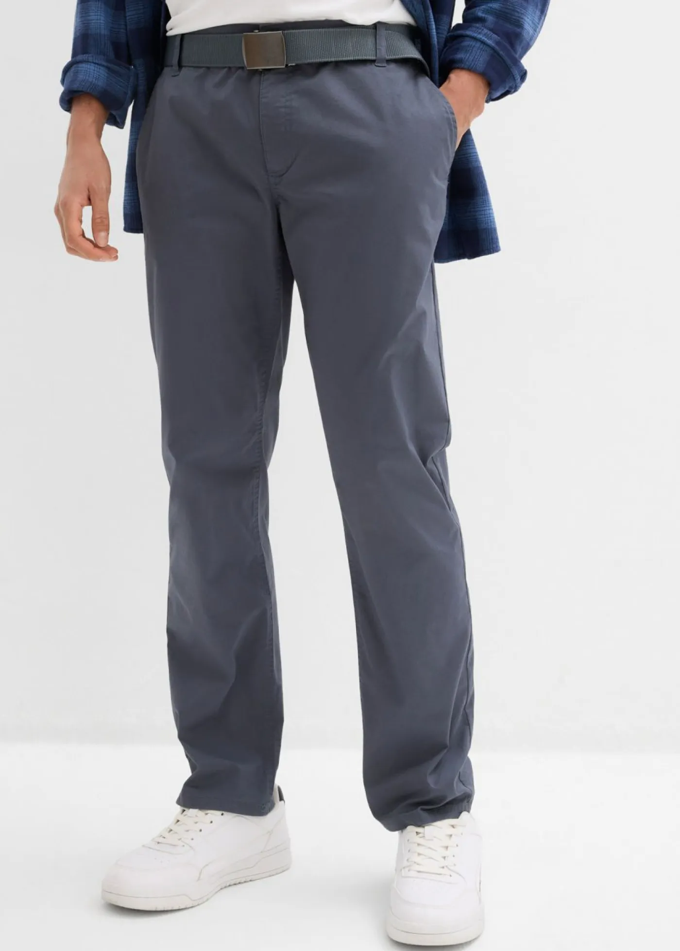 bonprix bonprix Pantalones>Pantalón tipo chino con corte regular, cinturilla elástica, cinturón y forma recta Gris oscuro