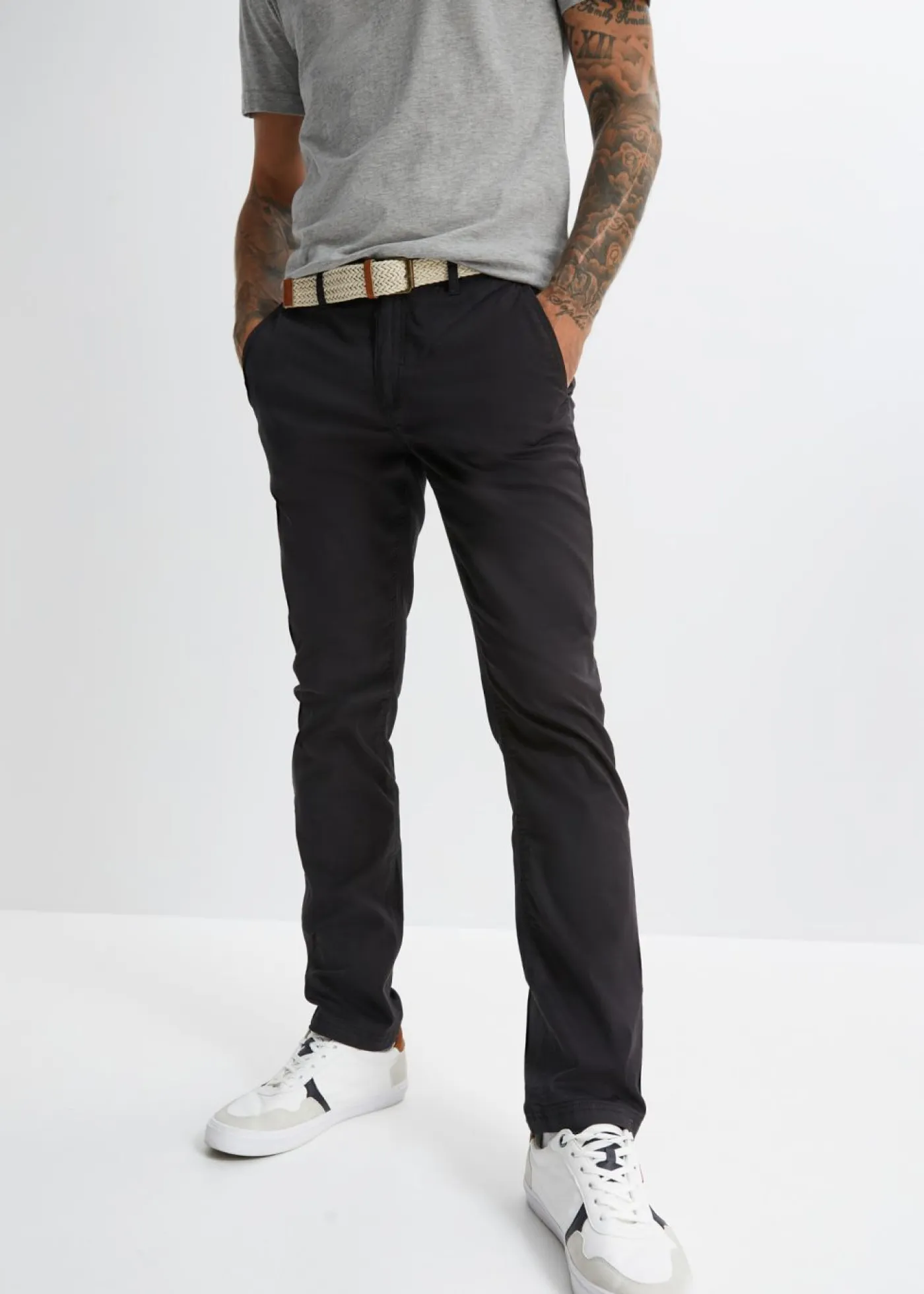 bonprix bonprix Básicos En Rebajas|Pantalones>Pantalón tipo chino con corte regular, cinturilla elástica, cinturón y forma recta Negro