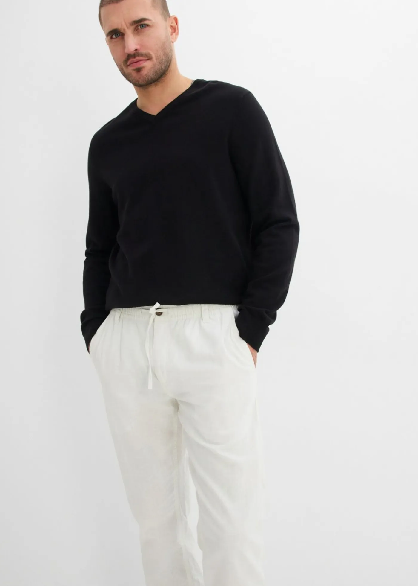 bonprix bonprix Pantalones|Novedades>Pantalón tipo chino de mezcla de lino ligero con corte regular y forma recta Blanco-gris