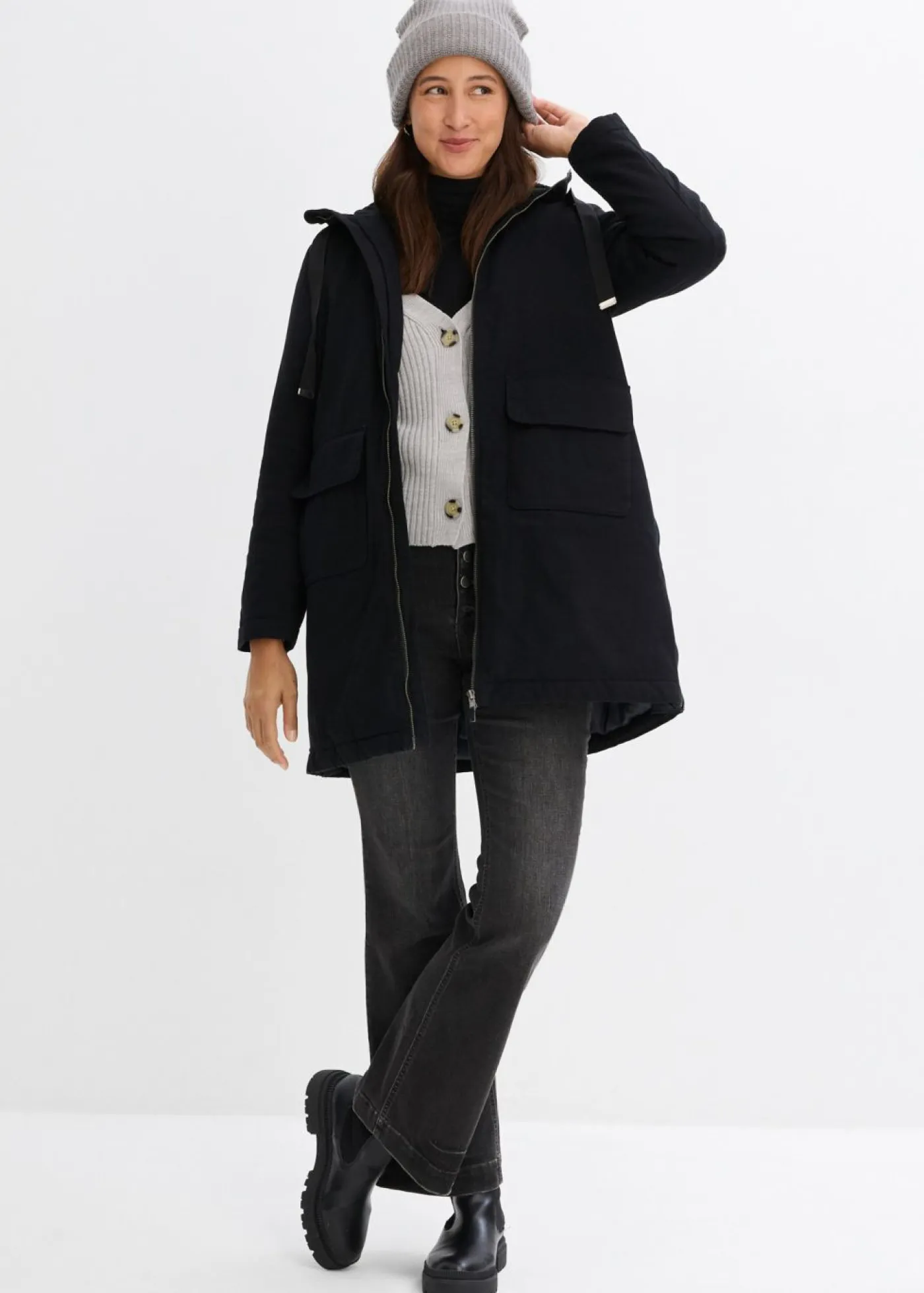 bonprix bonprix Chaquetas Y Abrigos>Parka de invierno ancha, con capucha y forro polar Negro