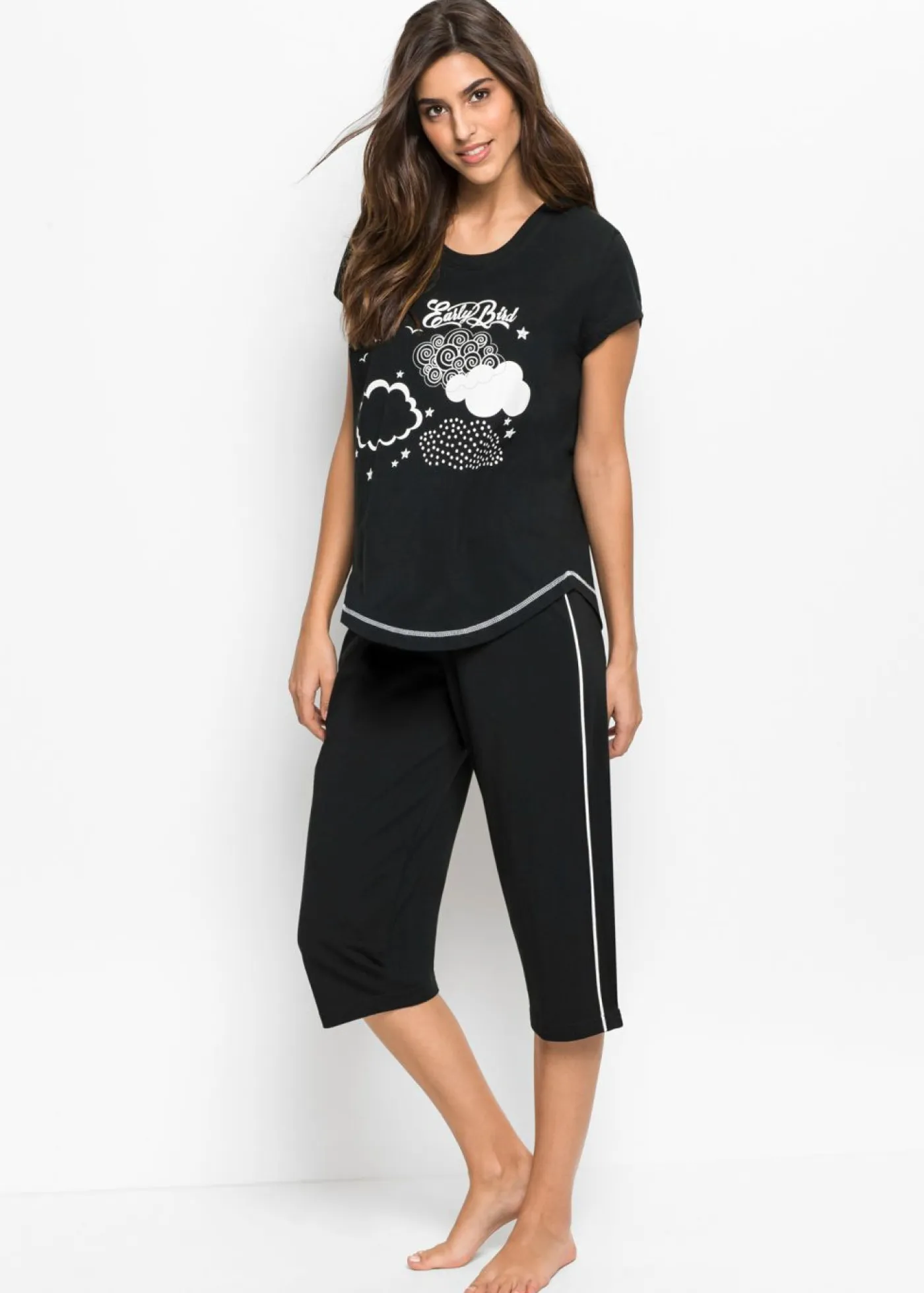 bonprix bonprix Ropa Para Dormir>Pijama capri de algodón orgánico puro Negro-blanco