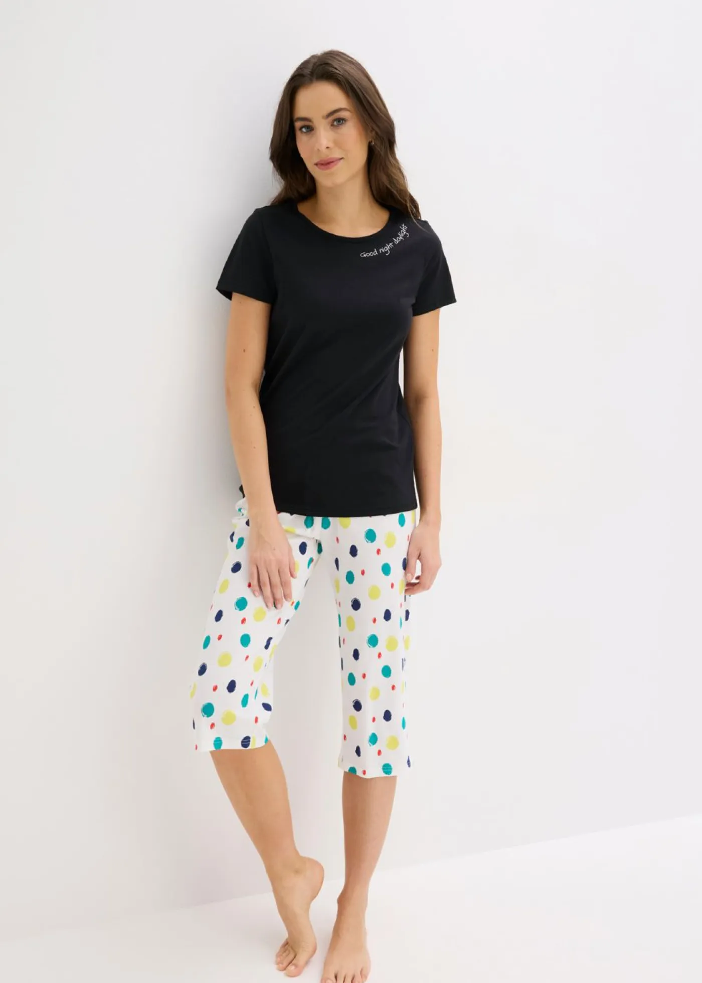 bonprix bonprix Ropa Para Dormir|Novedades>Pijama capri de algodón puro Negro de lunares