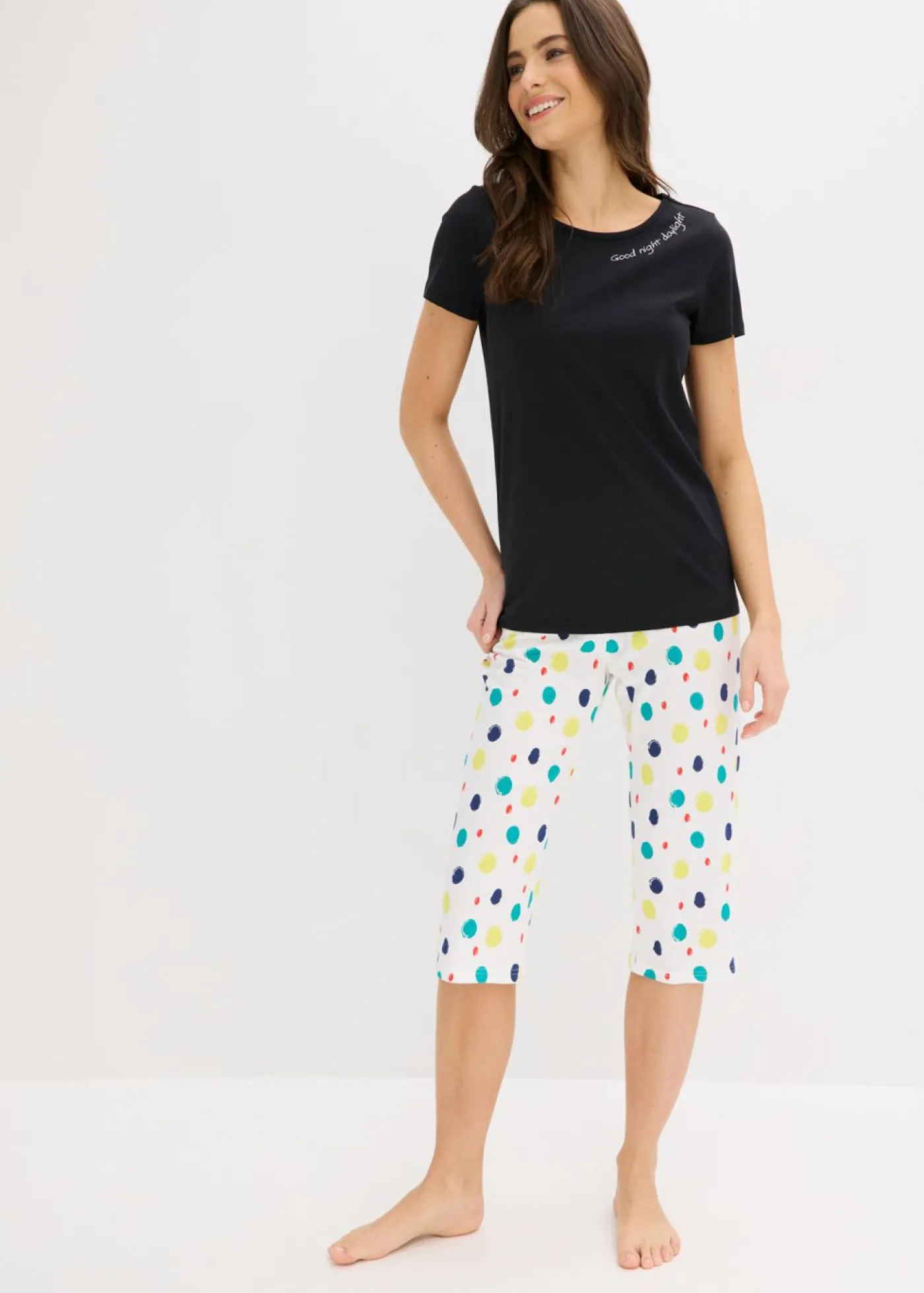 bonprix bonprix Ropa Para Dormir|Novedades>Pijama capri de algodón puro Negro de lunares