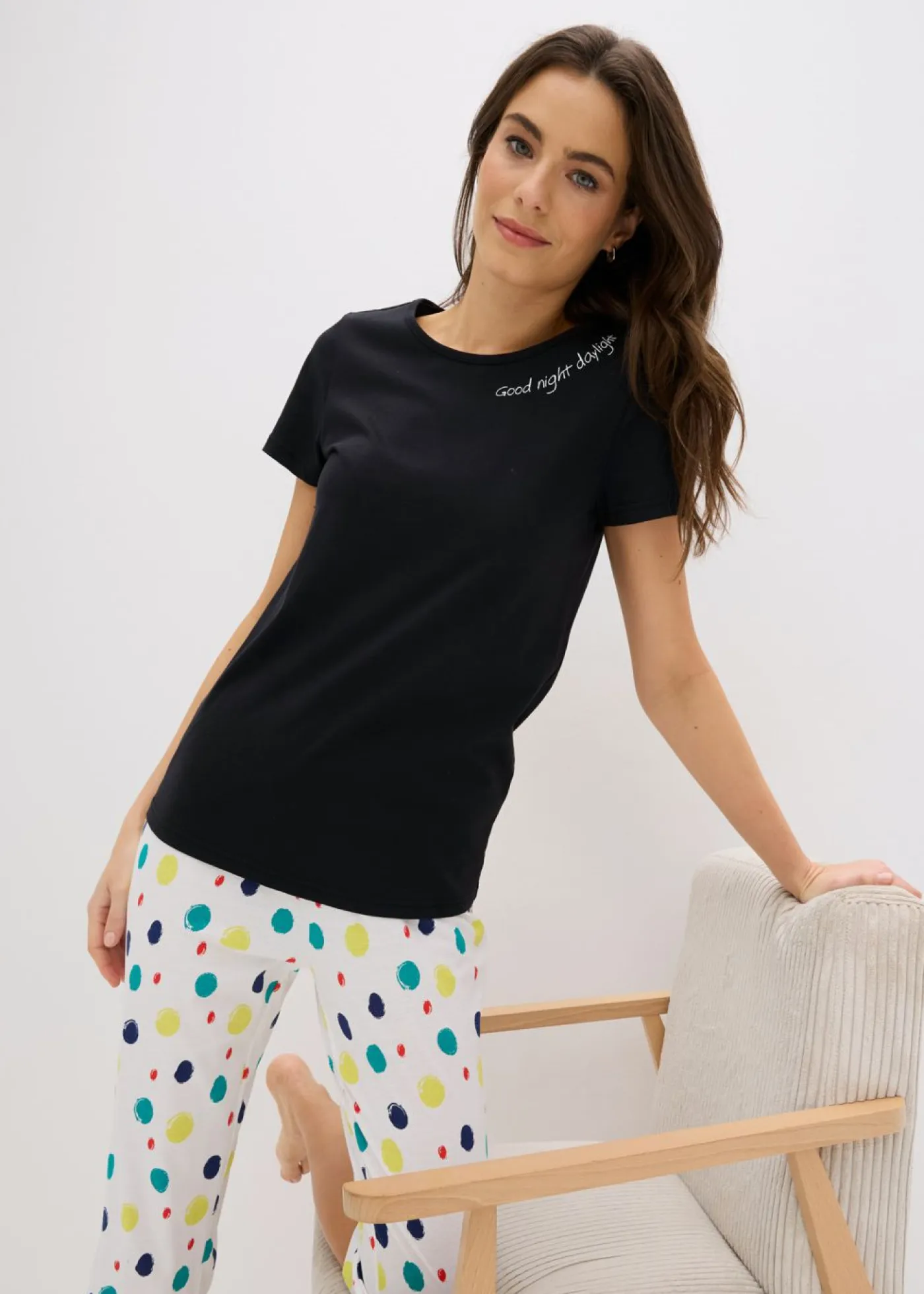 bonprix bonprix Ropa Para Dormir|Novedades>Pijama capri de algodón puro Negro de lunares