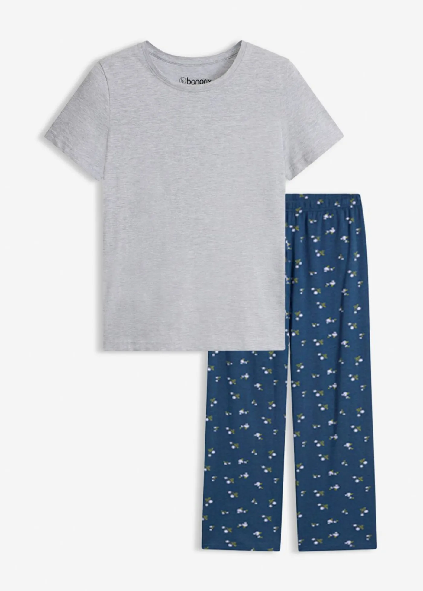 bonprix bonprix Ropa Para Dormir|Novedades>Pijama con camiseta ajustada de manga corta gris claro jaspeado-índigo con flores