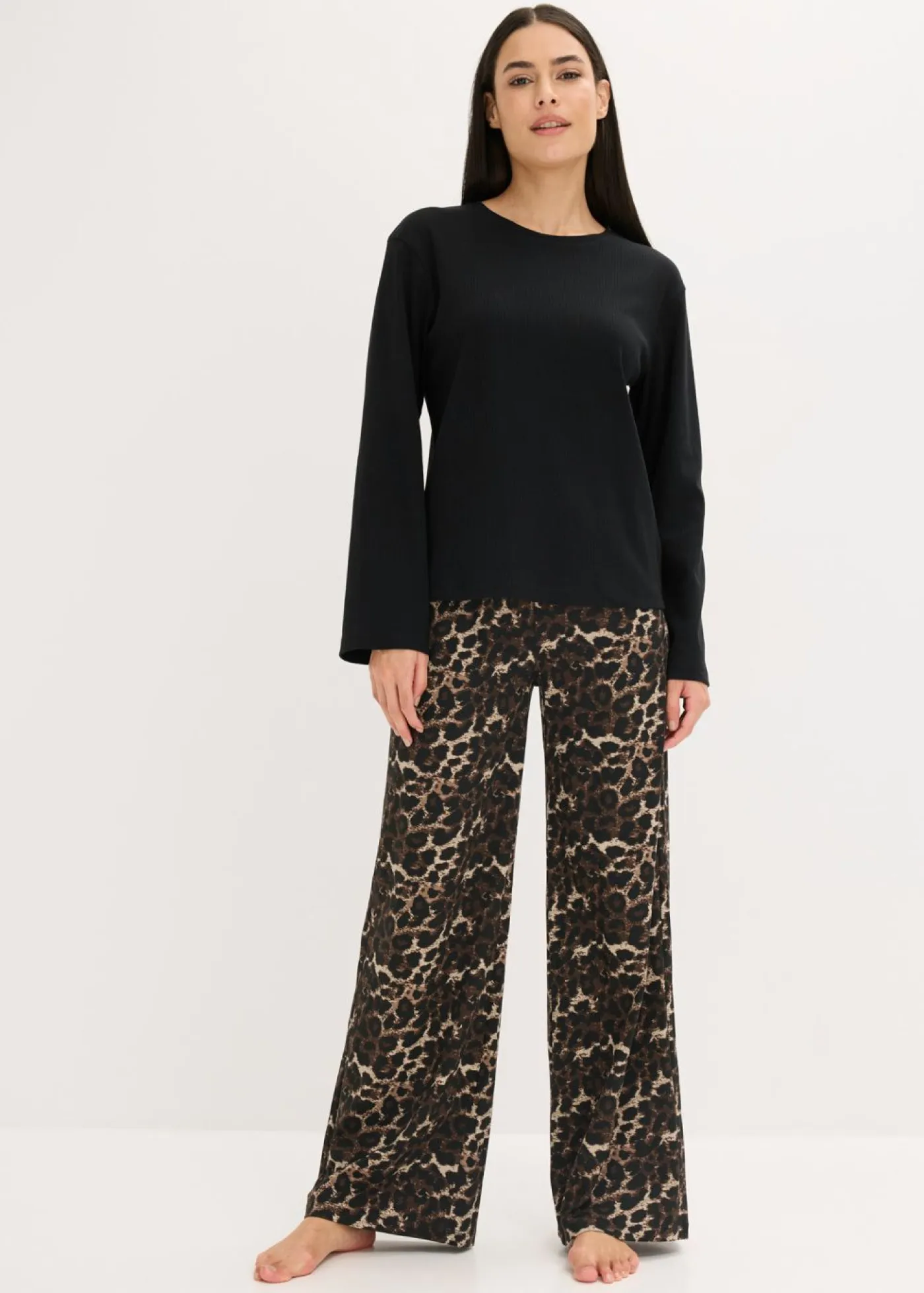 Mujer bonprix bonprix Pijama con camiseta de canalé y pantalón ancho