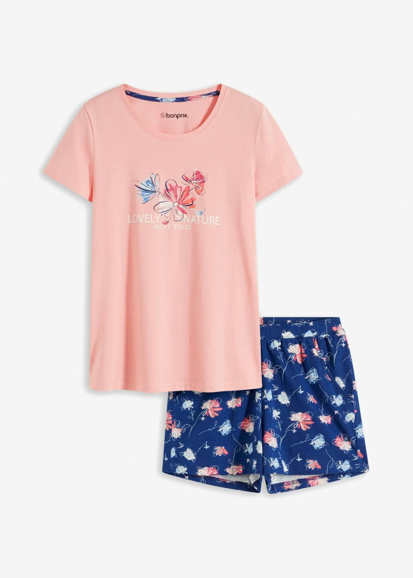 bonprix bonprix Ropa Para Dormir>Pijama con pantalón corto rosa pálido-azul marino profundo con flores