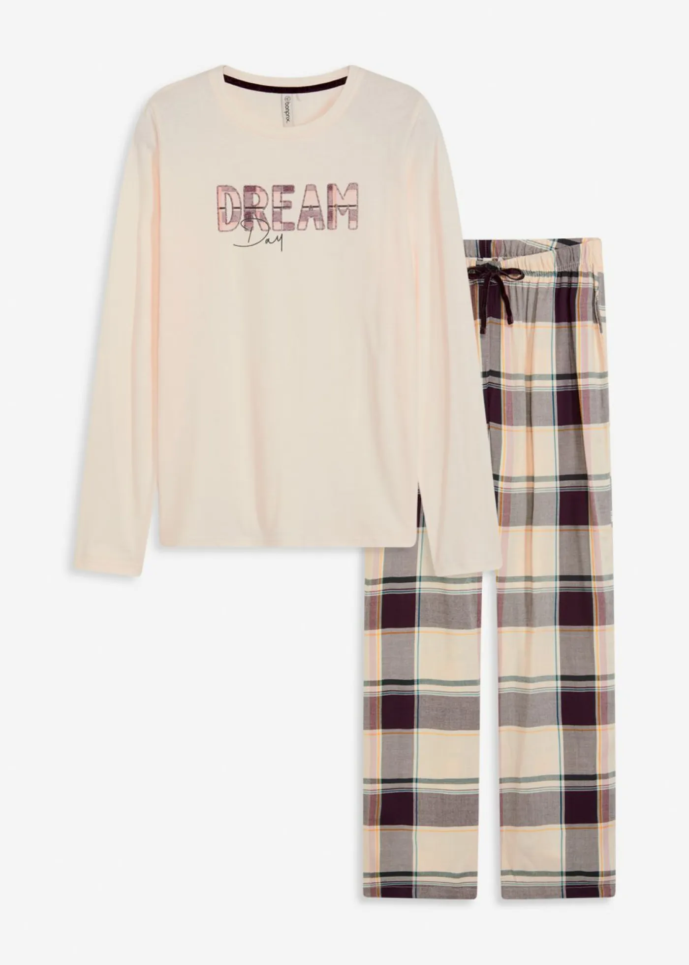 bonprix bonprix Ropa Para Dormir>Pijama con pantalón suave y bolsa de regalo beige natural-morado intenso a cuadros