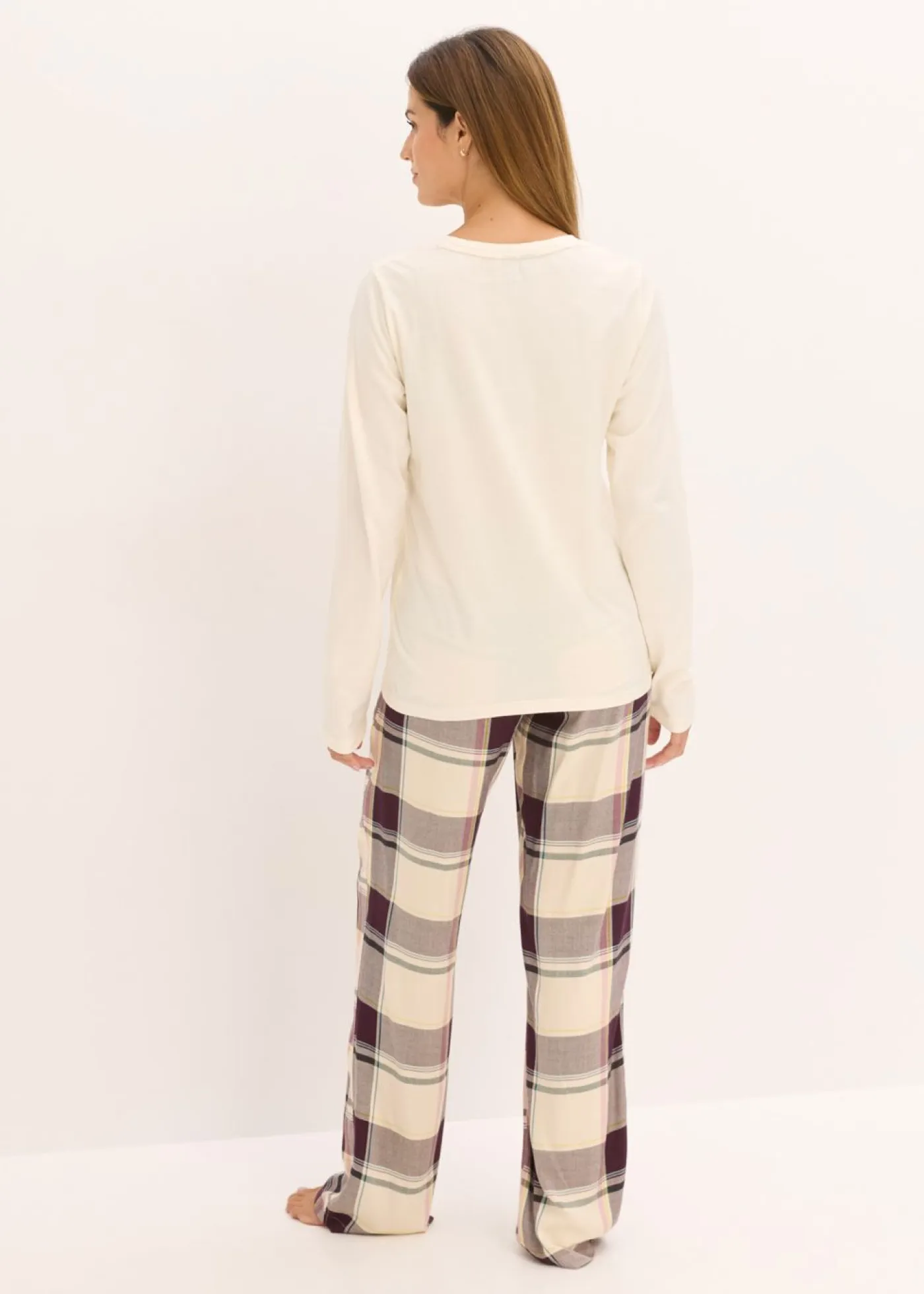 bonprix bonprix Ropa Para Dormir>Pijama con pantalón suave y bolsa de regalo beige natural-morado intenso a cuadros