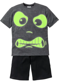bonprix bonprix Niño·Pijamas>Pijama corto con estampado fosforescente (2 piezas) Gris oscuro jaspeado + negro