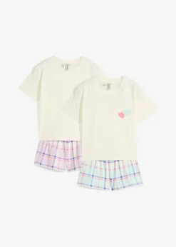 bonprix bonprix Niña·Pijamas>Pijama corto de algodón orgánico puro (2 piezas) violeta-turquesa-blanco lana a cuadros