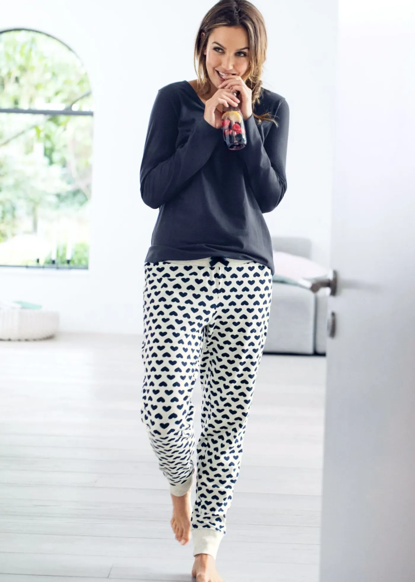 bonprix bonprix Ropa Para Dormir>Pijama de algodón orgánico Azul marino/natural jaspeado estampado