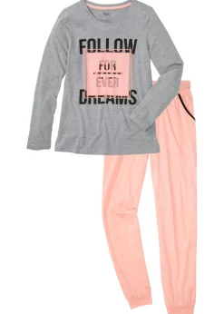 bonprix bonprix Ropa Para Dormir>Pijama de algodón orgánico Gris jaspeado-coral claro estampado