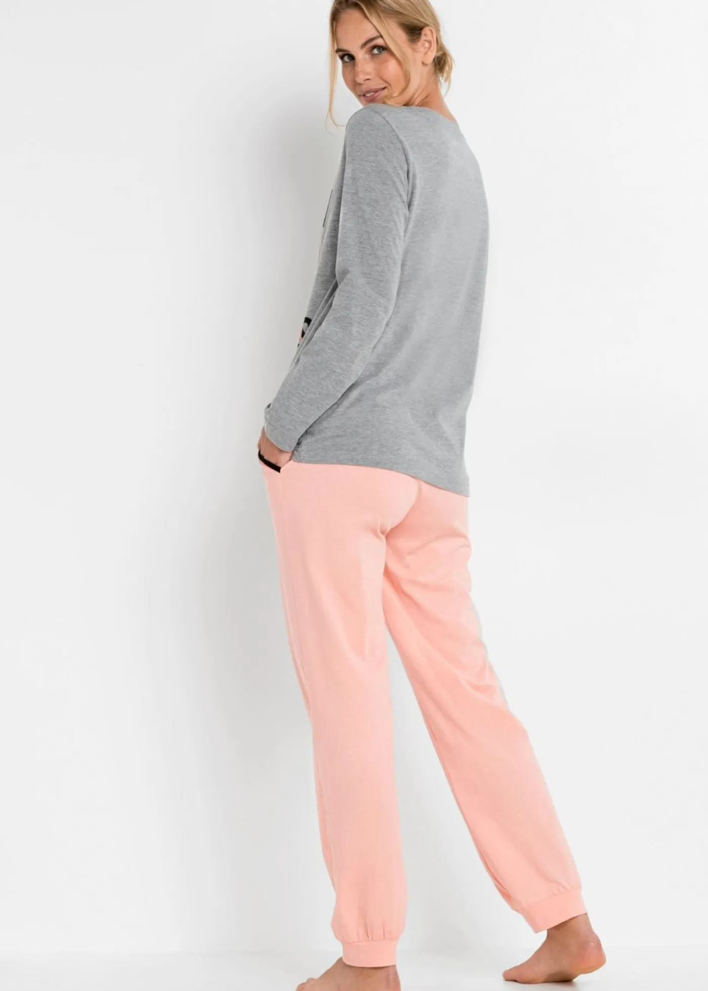 bonprix bonprix Ropa Para Dormir>Pijama de algodón orgánico Gris jaspeado-coral claro estampado