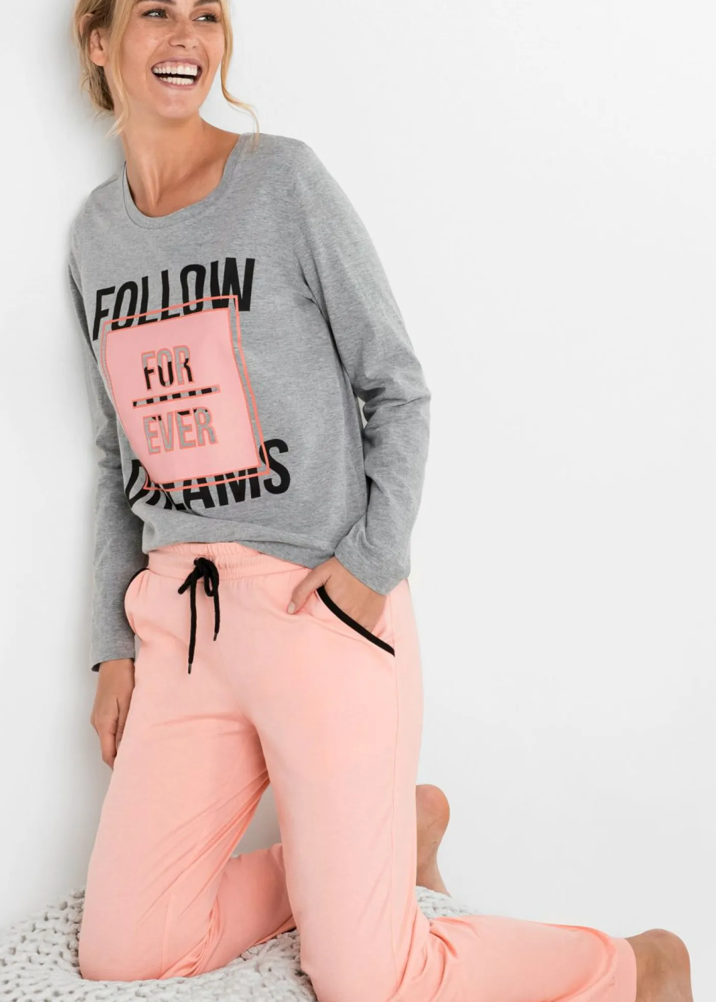 bonprix bonprix Ropa Para Dormir>Pijama de algodón orgánico Gris jaspeado-coral claro estampado