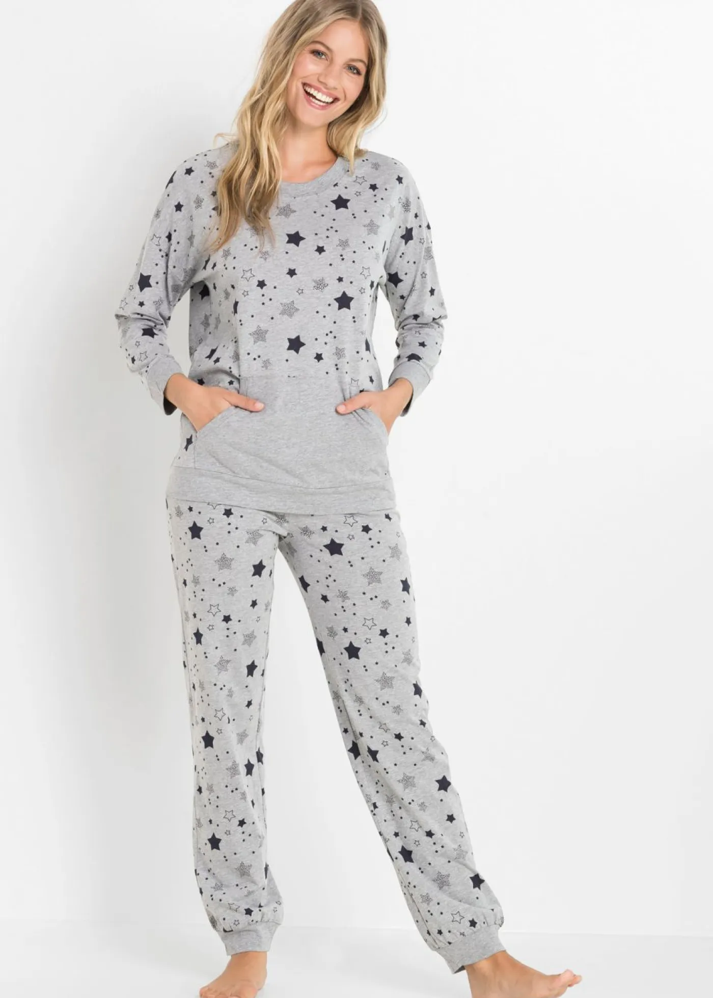 bonprix bonprix Ropa Para Dormir>Pijama de algodón orgánico Gris claro jaspeado estampado