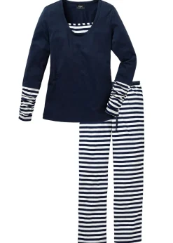 bonprix bonprix Ropa Para Dormir>Pijama de algodón orgánico puro blanco-azul marino