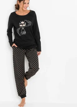 bonprix bonprix Ropa Para Dormir>Pijama de algodón orgánico puro Negro estampado