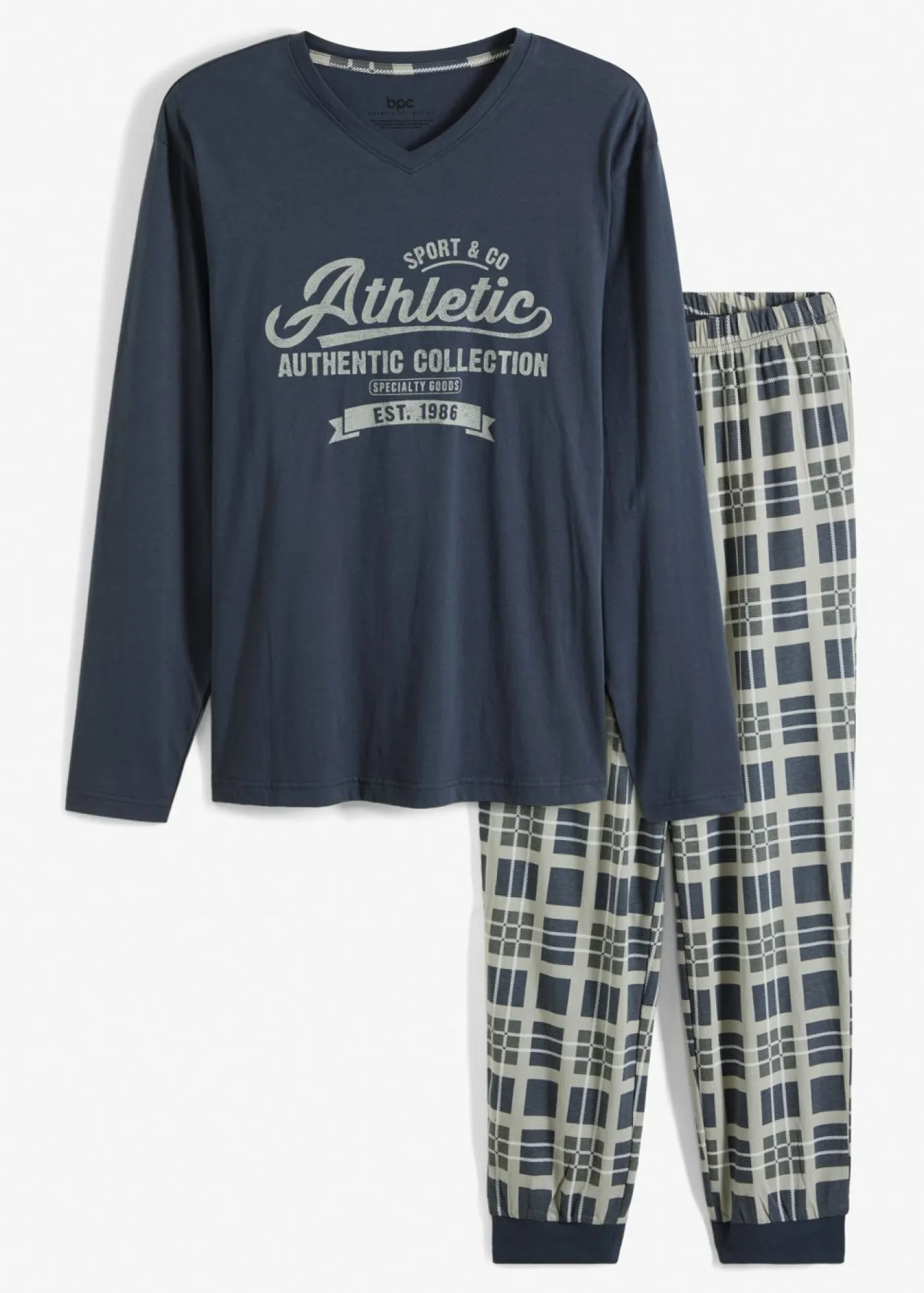 bonprix bonprix Pijamas|Ropa Interior·Pijamas>Pijama de algodón orgánico puro con mangas largas gris neutro/azul oscuro/blanco/antracita a cuadros