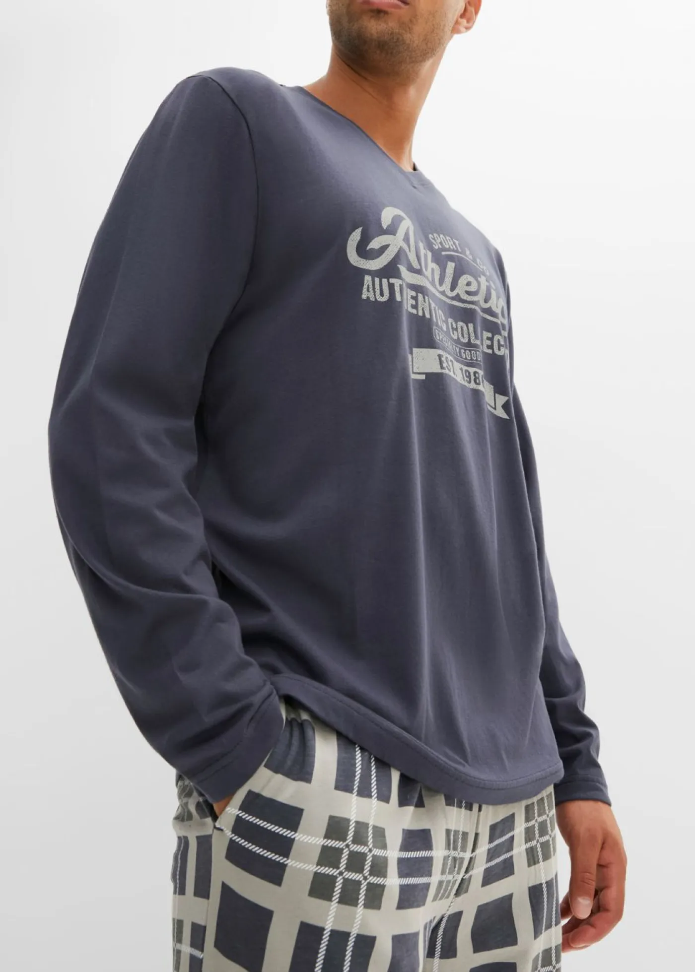 bonprix bonprix Pijamas|Ropa Interior·Pijamas>Pijama de algodón orgánico puro con mangas largas gris neutro/azul oscuro/blanco/antracita a cuadros