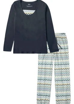 bonprix bonprix Ropa Para Dormir>Pijama de algodón puro azul oscuro/naranja oscuro/salvia ahumado/curry/azul mate