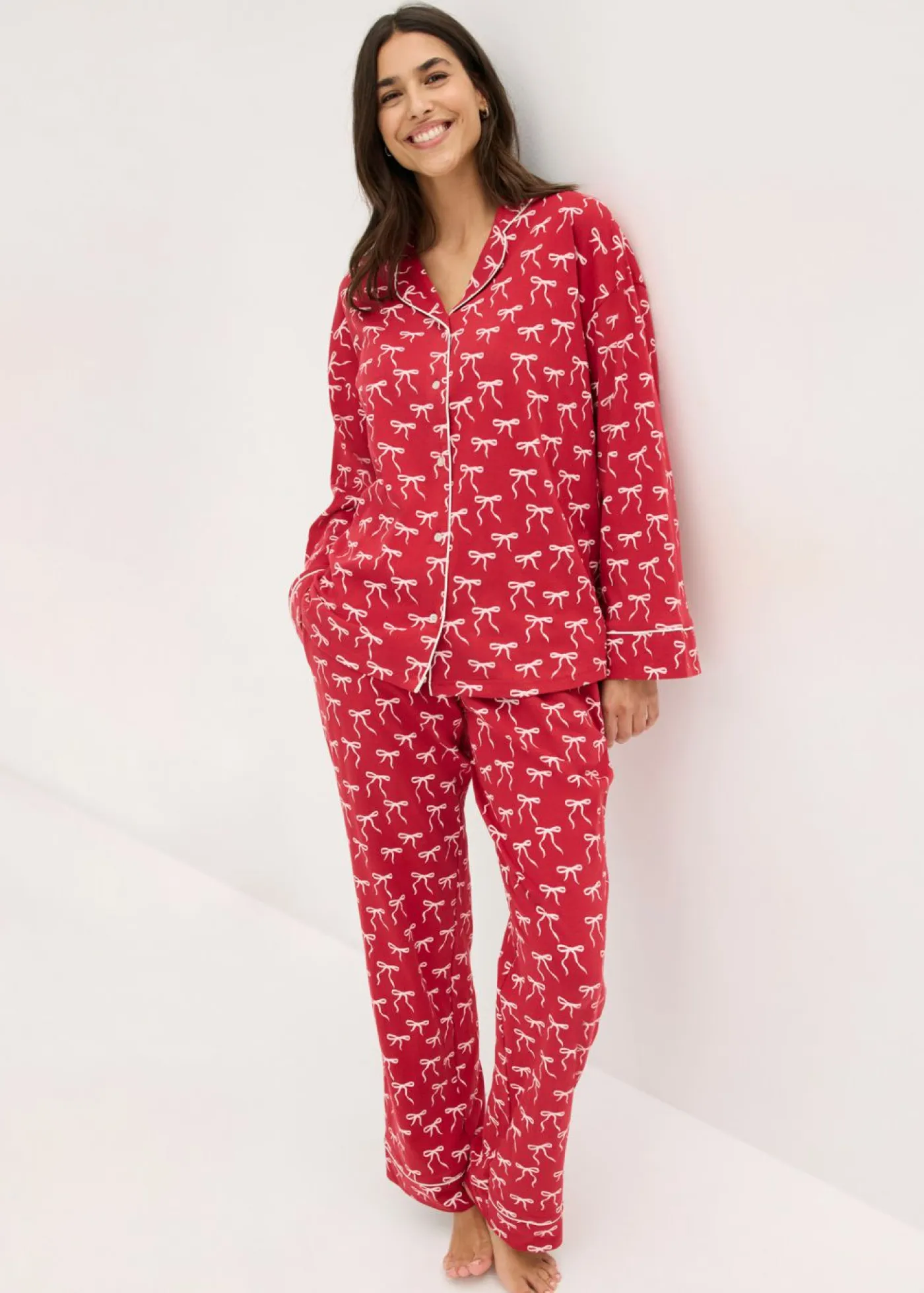 bonprix bonprix Ropa Para Dormir>Pijama de algodón puro Rojo oscuro estampado