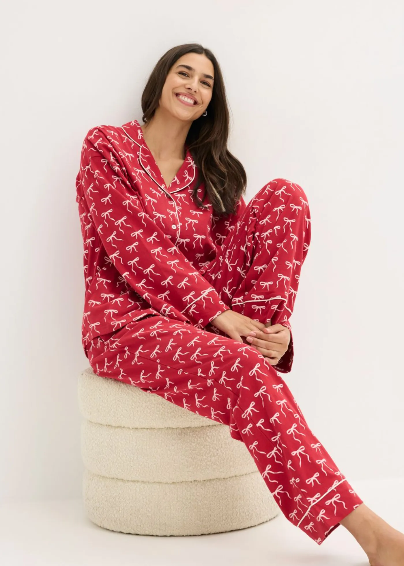 bonprix bonprix Ropa Para Dormir>Pijama de algodón puro Rojo oscuro estampado