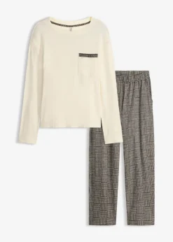 bonprix bonprix Ropa Para Dormir>Pijama de algodón suave beige natural-negro a cuadros
