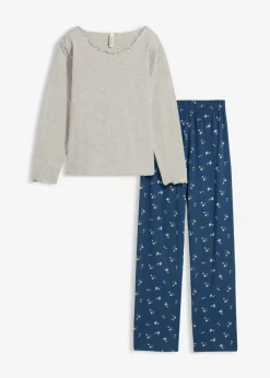 bonprix bonprix Niña·Pijamas>Pijama de algodón suave gris claro jaspeado+índigo con flores