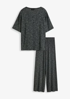 bonprix bonprix Homewear|Ropa Para Dormir>Pijama de canalé oversize negro / gris claro moteado