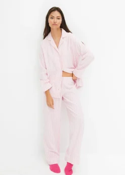 bonprix bonprix Ropa Para Dormir>Pijama de franela con bolsa regalo Orquídea ahumado/rosa claro de rayas