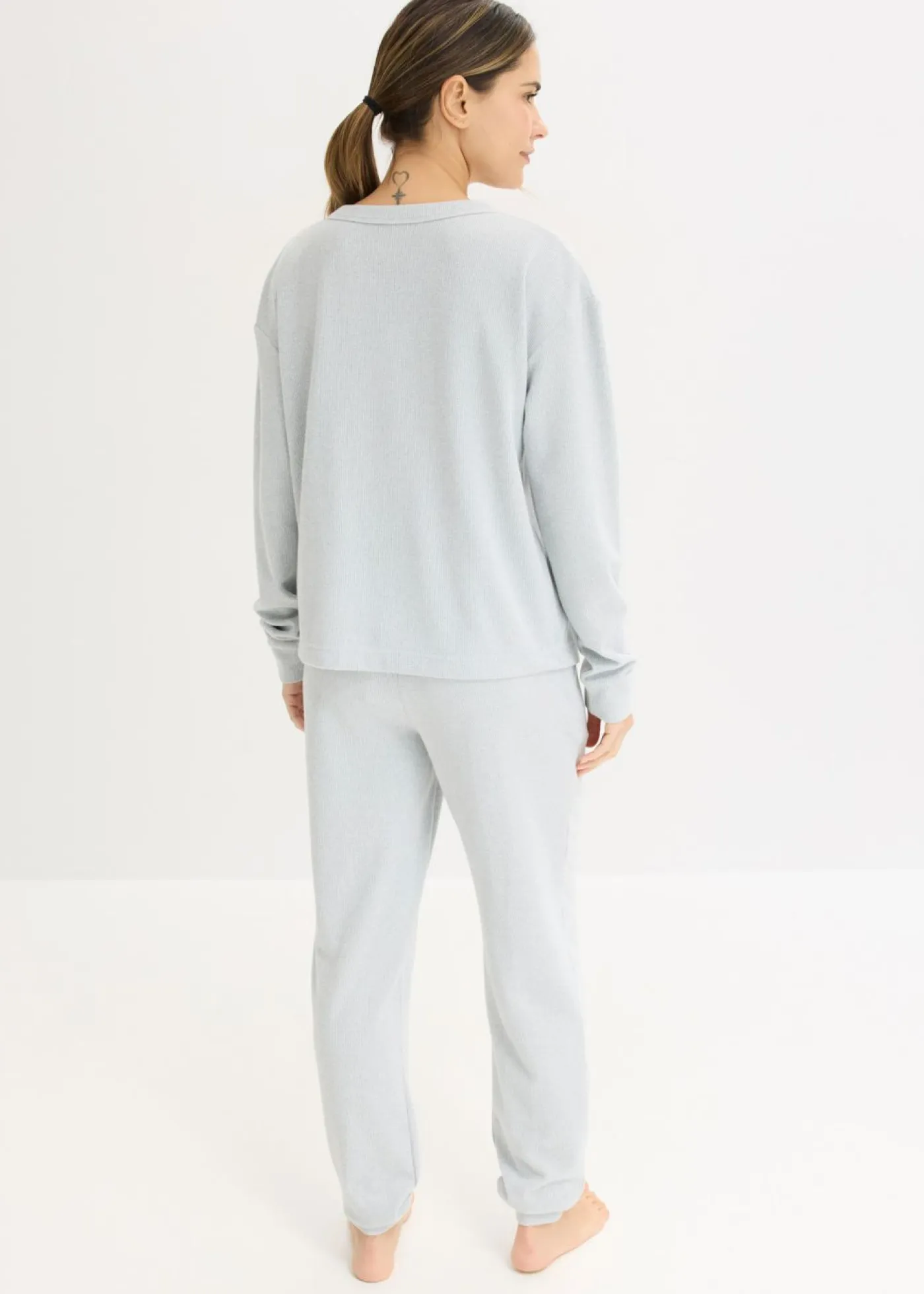 bonprix bonprix Homewear|Ropa Para Dormir>Pijama de suave punto gofrado gris claro jaspeado moteado