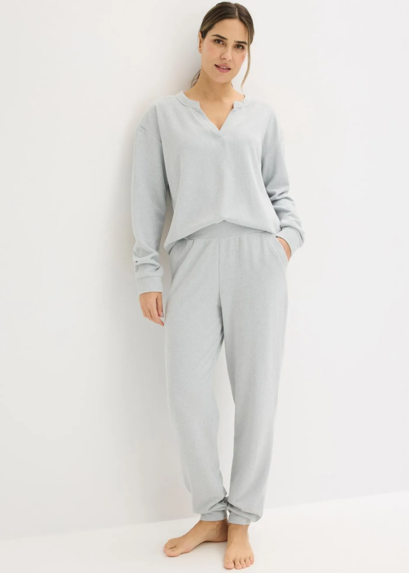 bonprix bonprix Homewear|Ropa Para Dormir>Pijama de suave punto gofrado gris claro jaspeado moteado