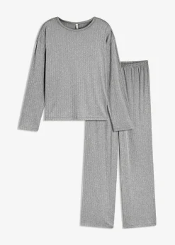 bonprix bonprix Ropa Para Dormir>Pijama de suave punto pointelle Gris claro jaspeado