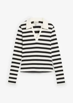 bonprix bonprix Camisetas>Polo de canalé con manga larga blanco lana-negro con rayas