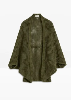 bonprix bonprix Ponchos|Premium>Poncho de punto de ajour con contenido de lino Verde oliva oscuro