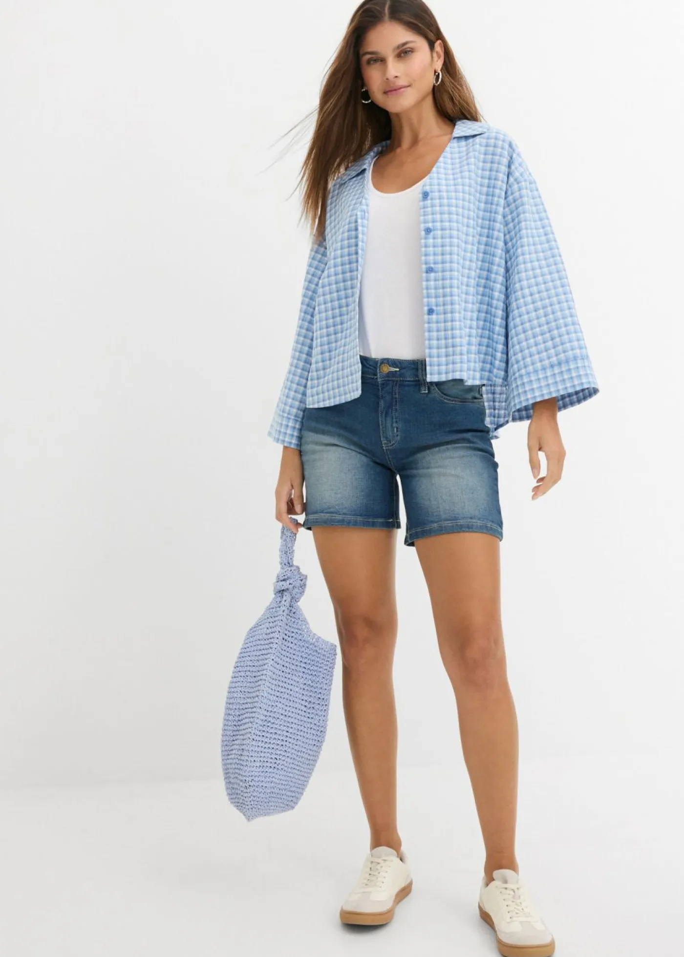 bonprix bonprix Shorts|Vaqueros>Shorts vaqueros, slim fit, mid waist, 2 unidades Azul claro + azul desgastado