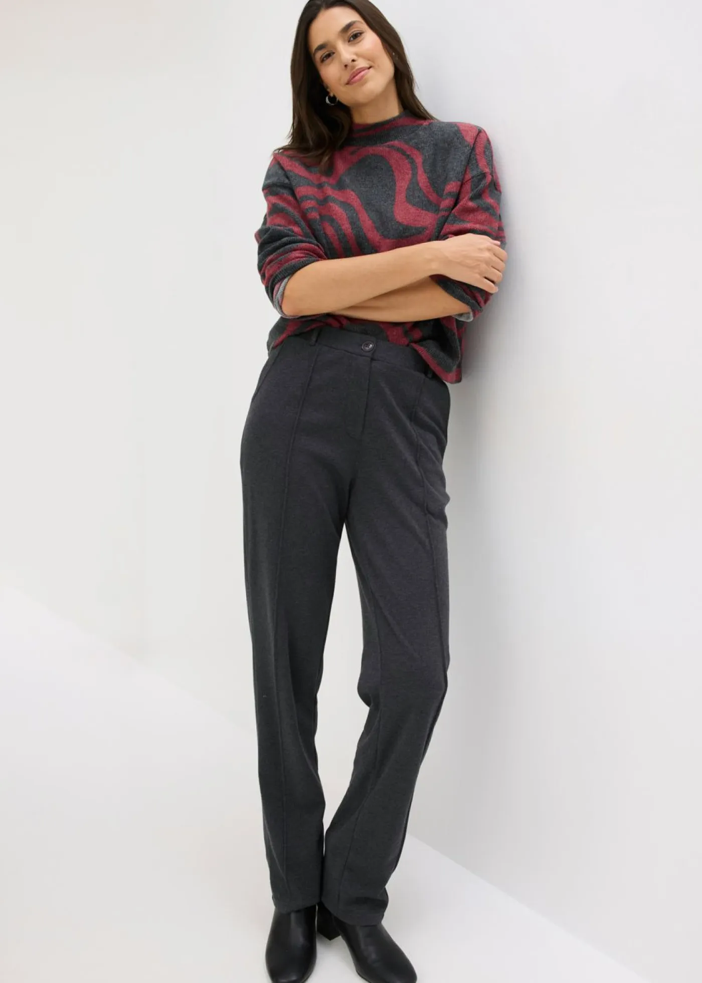 bonprix bonprix Camisetas>Suave camiseta de canalé Rojo-gris jaspeado