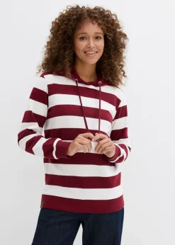 bonprix bonprix Ropa Cómoda>Sudadera con capucha de algodón puro Rojo rubí/blanco lana de rayas